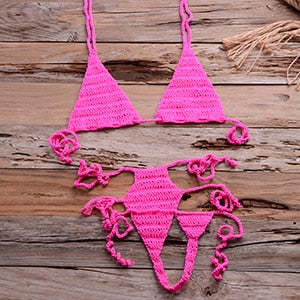 Crochet High-Cut Waist-Tie Deep V G-String Bikini Set