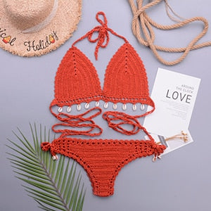 3 Pieces Crochet Shell Tassel Top And Seashell Ankle Chain Thong Hollow Out Low Waist Bottom Bikini Set