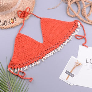 Two Pieces Crochet Push Up Holter Seashell Top Swimwear Cover Up