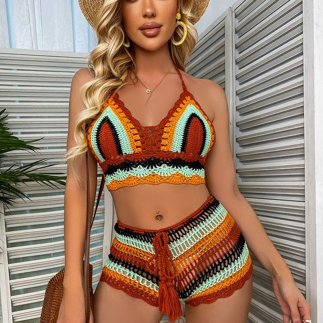 Crochet Knitted Rainbow Striped Off Shoulder Top and Bottom Swimming Short Set