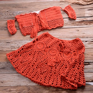 Crochet Off Shoulder Tassel Bohemian Skirted Bottom Set