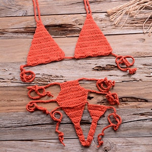 Crochet High-Cut Waist-Tie Deep V G-String Bikini Set