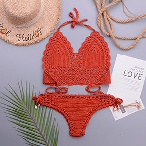 Crochet Halter Top G String Thong Bikini Set