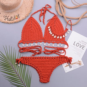 3 Pieces Crochet Shell Tassel Top And Seashell Ankle Chain Thong Hollow Out Low Waist Bottom Bikini Set