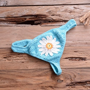 Crochet Flower High Cut Push Up Thong Bikini Set