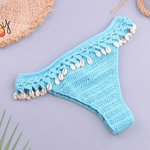 Sexy Crochet Knitted High Cut Triangle Seashell Thong Bikini