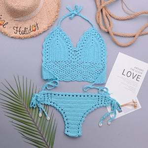 Crochet Halter Top G String Thong Bikini Set