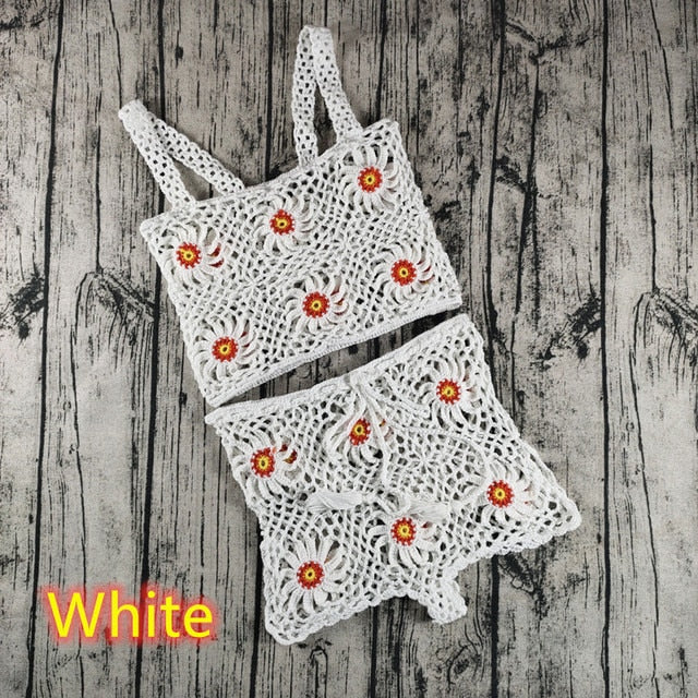 2 Pieces Pattern Crochet Flower Bikini Cover Up