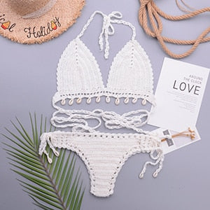 3 Pieces Crochet Shell Tassel Top And Seashell Ankle Chain Thong Hollow Out Low Waist Bottom Bikini Set