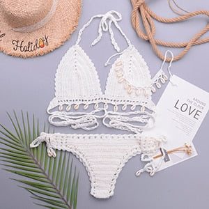 3 Pieces Crochet Shell Tassel Top And Seashell Ankle Chain Thong Hollow Out Low Waist Bottom Bikini Set