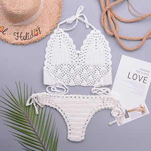 Crochet Halter Top G String Thong Bikini Set