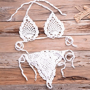 Crochet Minimal Halter Top Tie Side High Cut Triangle Thong Bikini Set