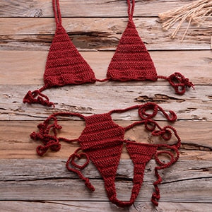 Crochet High-Cut Waist-Tie Deep V G-String Bikini Set