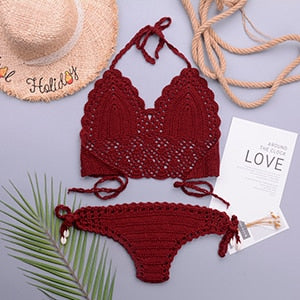 Crochet Halter Top G String Thong Bikini Set