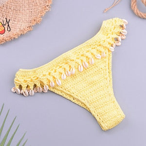 Sexy Crochet Knitted High Cut Triangle Seashell Thong Bikini